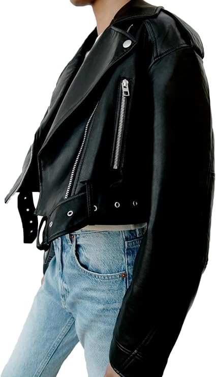 Women’s Goatskin Leather Cropped Biker Jacket – Short Moto Coat with Belt & Zipper Lapel