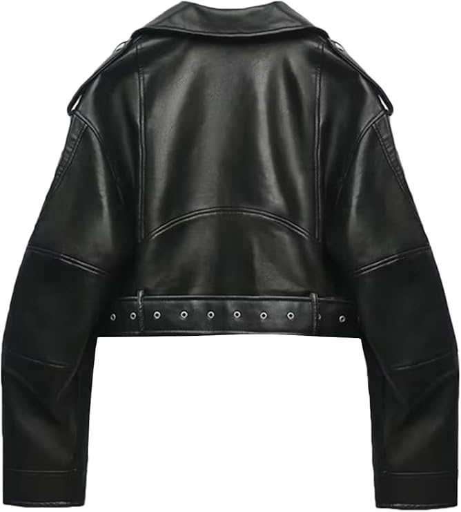 Women’s Goatskin Leather Cropped Biker Jacket – Short Moto Coat with Belt & Zipper Lapel