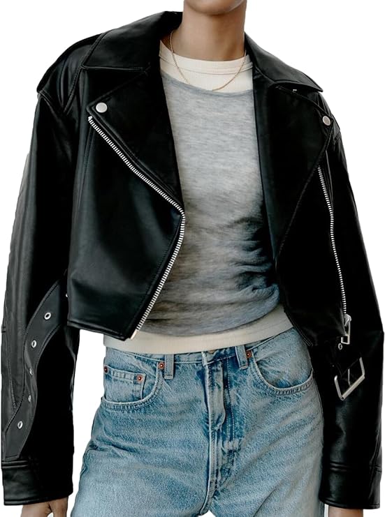 Women’s Goatskin Leather Cropped Biker Jacket – Short Moto Coat with Belt & Zipper Lapel