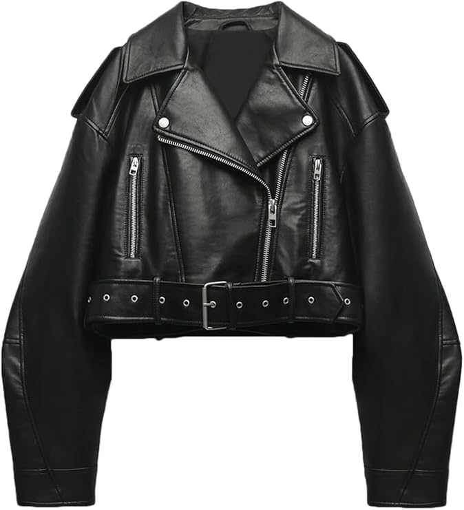 Women’s Goatskin Leather Cropped Biker Jacket – Short Moto Coat with Belt & Zipper Lapel