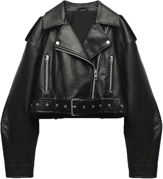 Women’s Goatskin Leather Cropped Biker Jacket – Short Moto Coat with Belt & Zipper Lapel