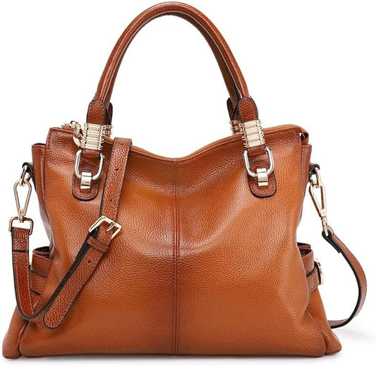 Women’s Genuine Top-Grain Leather Satchel Tote – Premium Pebbled Shoulder & Crossbody Handbag