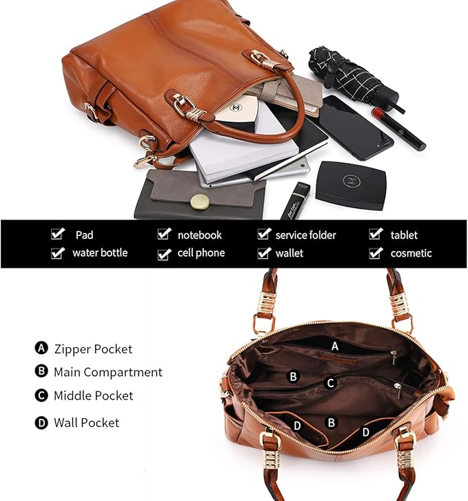 Women’s Genuine Top-Grain Leather Satchel Tote – Premium Pebbled Shoulder & Crossbody Handbag