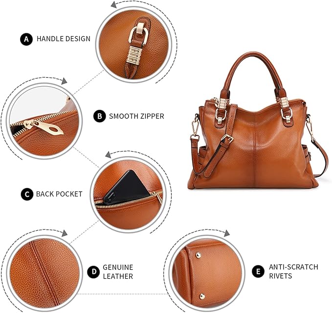 Women’s Genuine Top-Grain Leather Satchel Tote – Premium Pebbled Shoulder & Crossbody Handbag