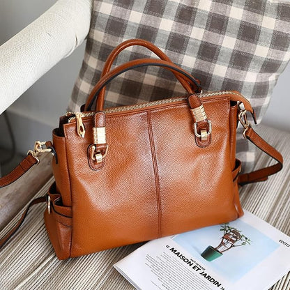 Women’s Genuine Top-Grain Leather Satchel Tote – Premium Pebbled Shoulder & Crossbody Handbag