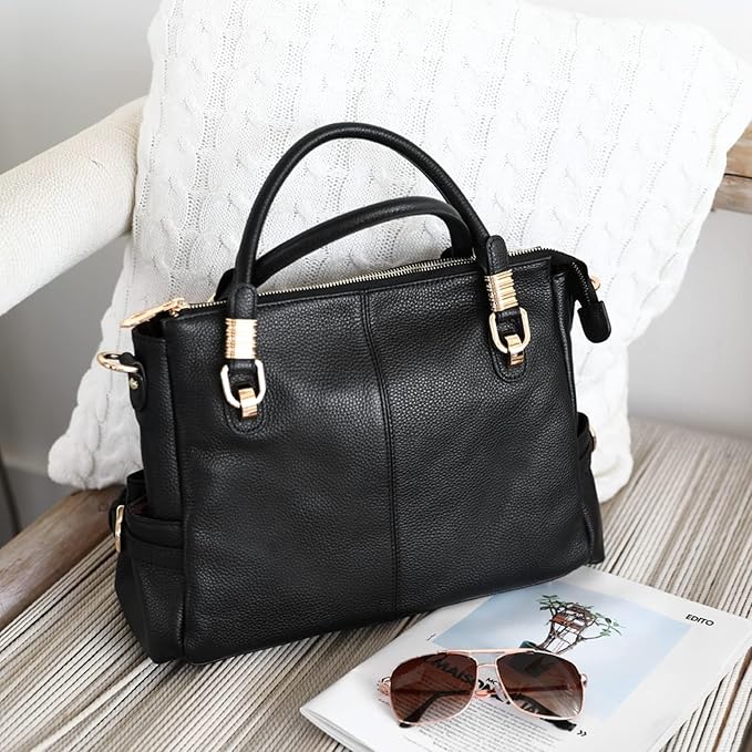 Women’s Genuine Top-Grain Leather Satchel Tote – Premium Pebbled Shoulder & Crossbody Handbag