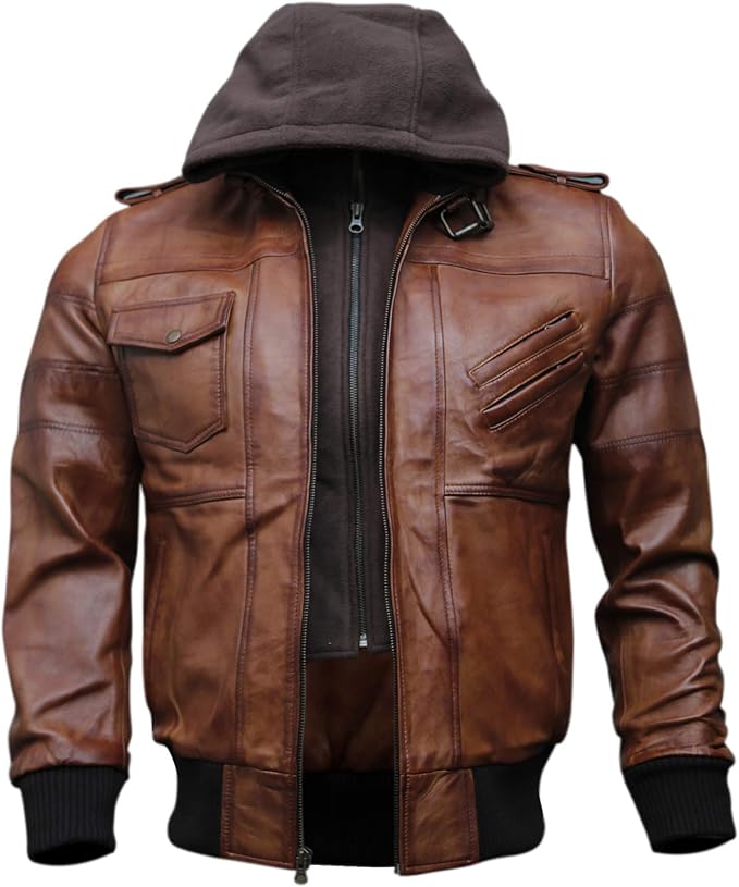 Men’s Genuine Lambskin Leather Hooded Bomber Jacket – Removable Hood, Quilted Lining & Multi-Pocket Design