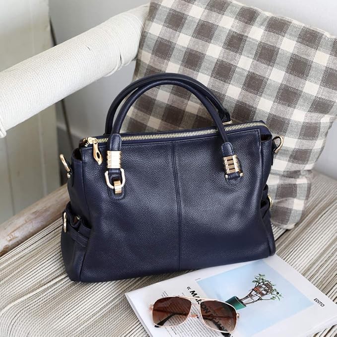 Women’s Genuine Top-Grain Leather Satchel Tote – Premium Pebbled Shoulder & Crossbody Handbag